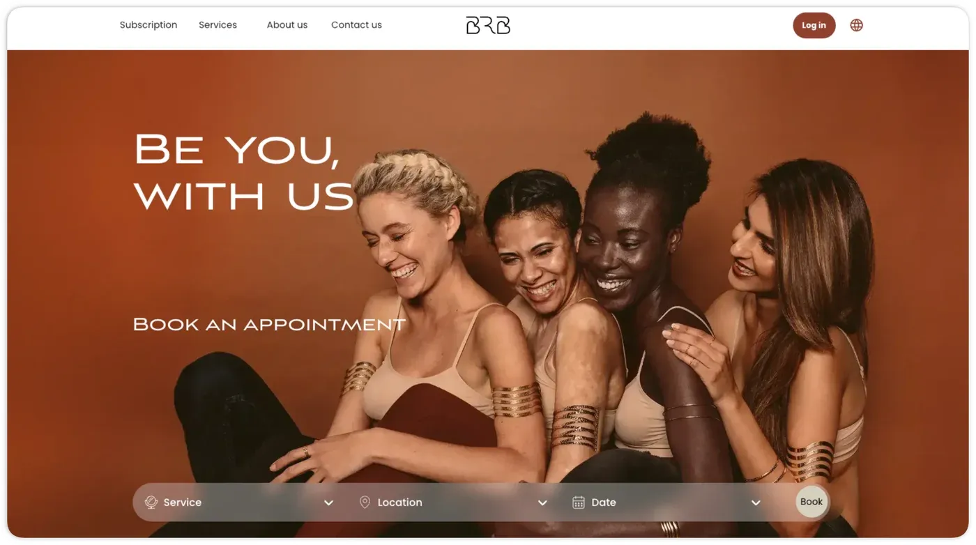 Beauty Right Back home page hero reading Be You, With Us with an appointment booking bar