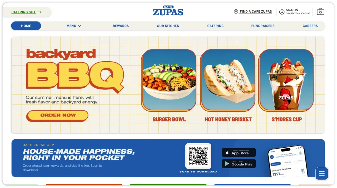 Cafe Zupas home page with the summer BBQ menu and app download banner