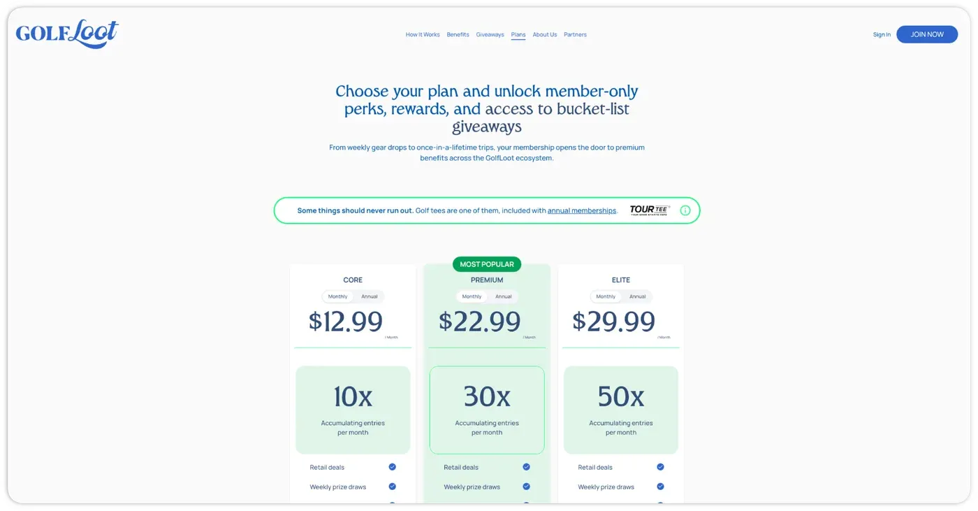 GolfLoot plans page with Core, Premium and Elite subscription tiers