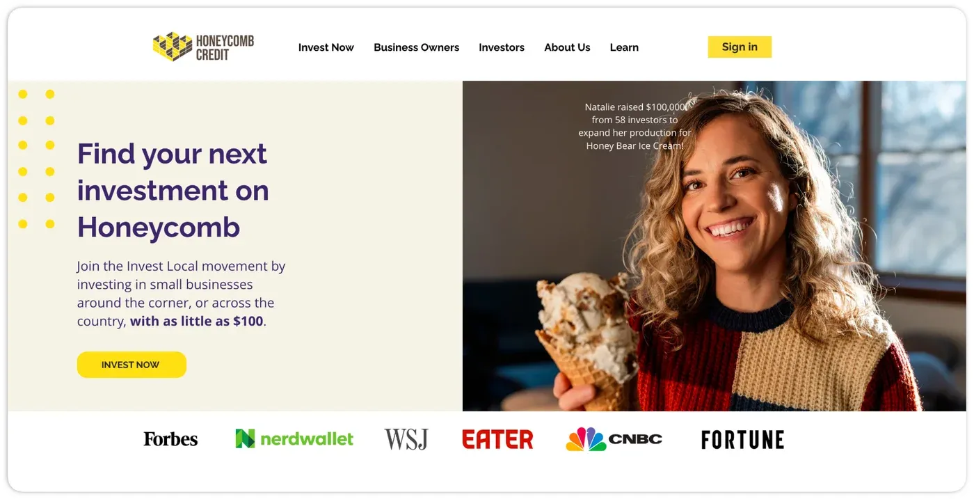 Honeycomb Credit home page inviting visitors to invest in local businesses