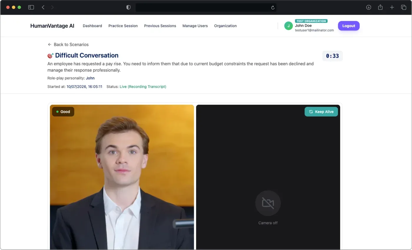 HumanVantage AI live practice session with an AI avatar in a difficult-conversation scenario