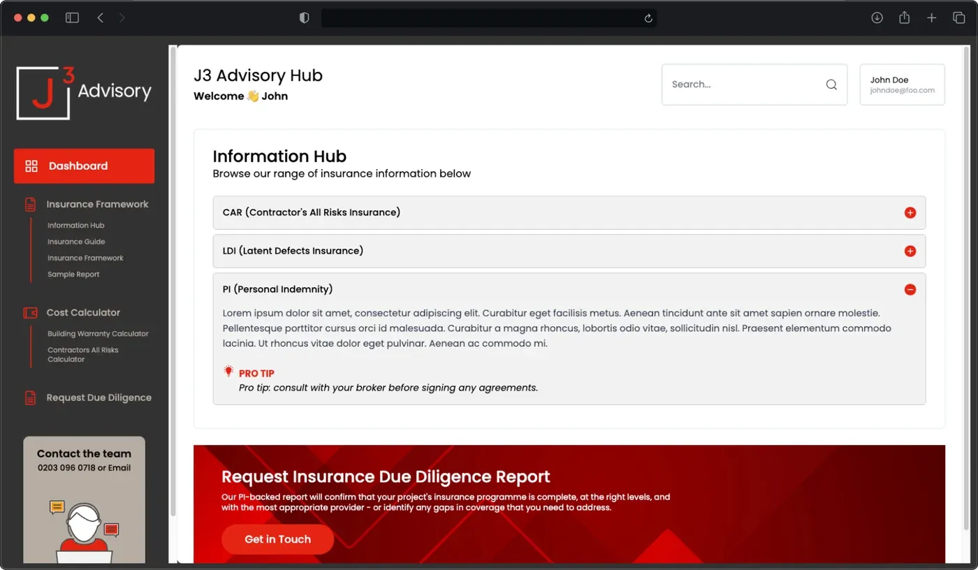 J3 Advisory Hub dashboard showing the Information Hub with expandable insurance guides and a due-diligence request banner