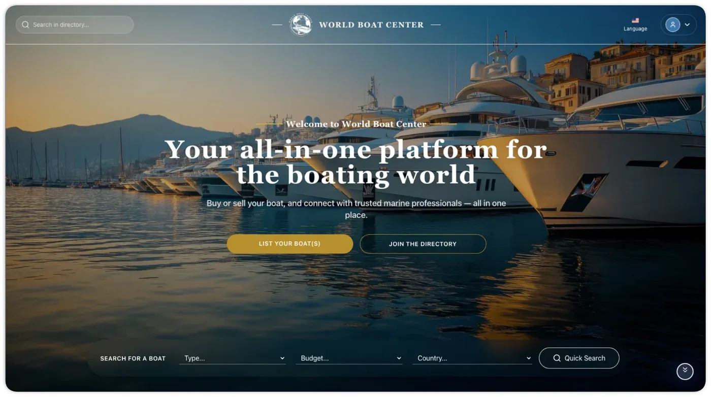 World Boat Center home page with a marina hero and boat search bar